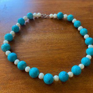 Turquoise and Pearl Necklace with SS Clasp